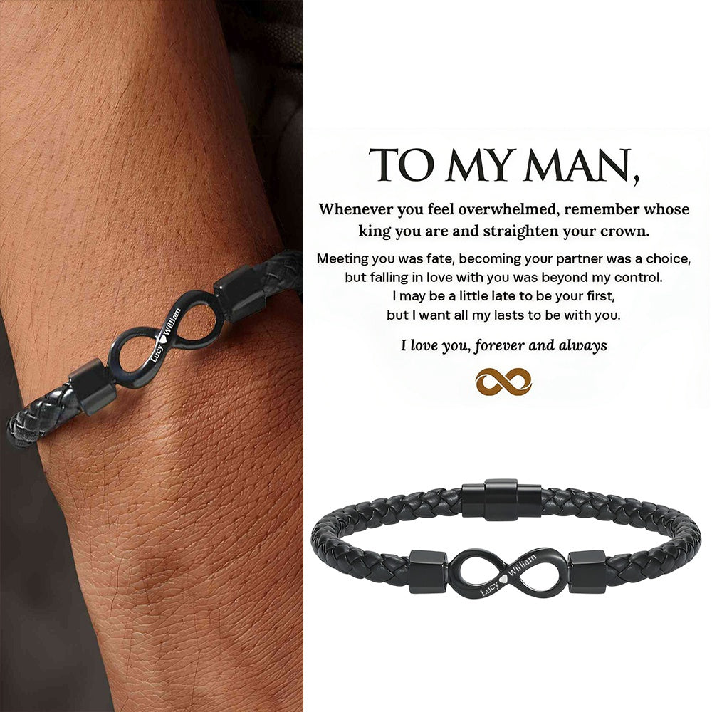 KISSFAITH-To My Man, Personalized Dual Name Infinity Leather Bracelet