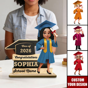 Personalized Graduation Wooden Plaque, Cartoon Grad Holding Diploma, Class Of 2026