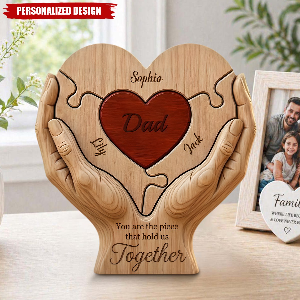 Personalized Kids' Names Father's Day Wooden Plaque, Family Heart Puzzle Sign