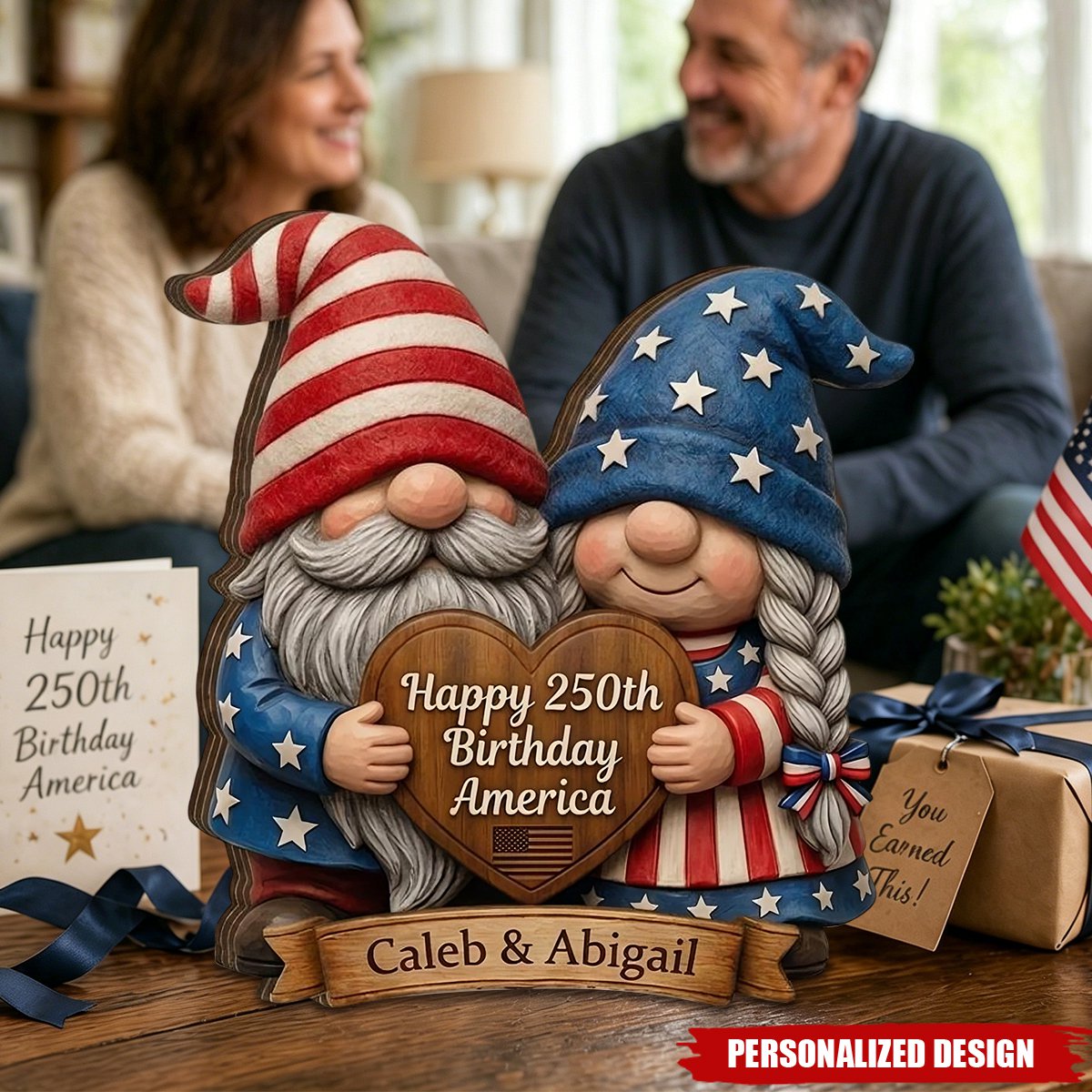 Personalized Patriotic Couple Wood Plaque, Happy 250th Birthday America Gift
