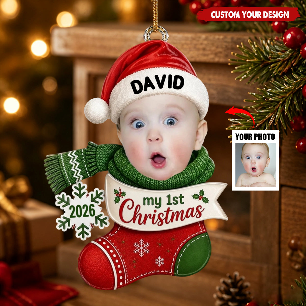 Custom Baby Face Photo Ornament, Newborn Stocking Decor