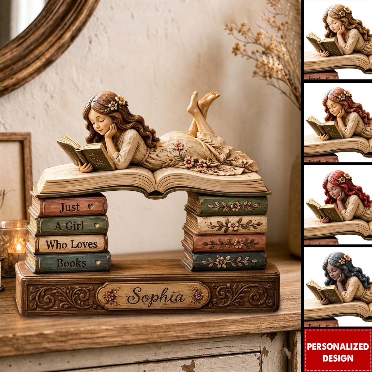 Personalized Reading Girl Book Wooden Block, Custom Book Lover Desk Decor
