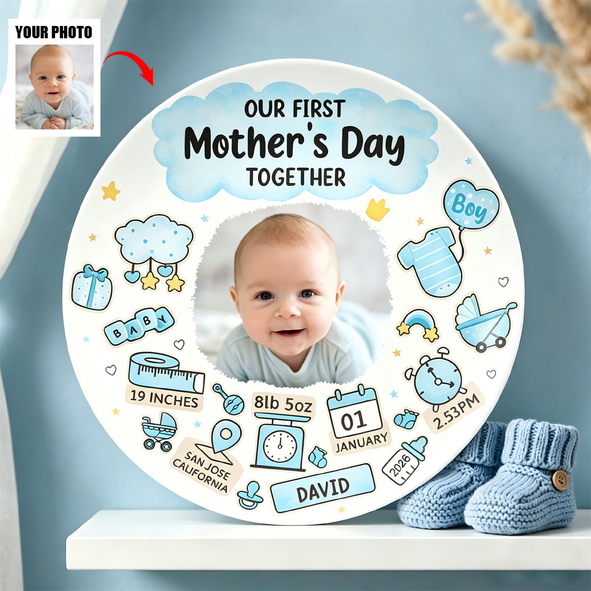 Custom Photo Our First Mother's Day Information Icon - Personalized Ceramic Plate
