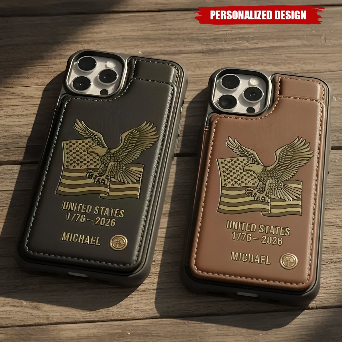 Personalized Leather Wallet Phone Case | US 250th Anniversary Gift | Veteran Gift