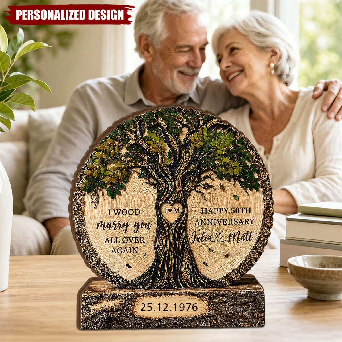 Personalized Couple Tree Wooden Block, Wood Anniversary Gift For Couples