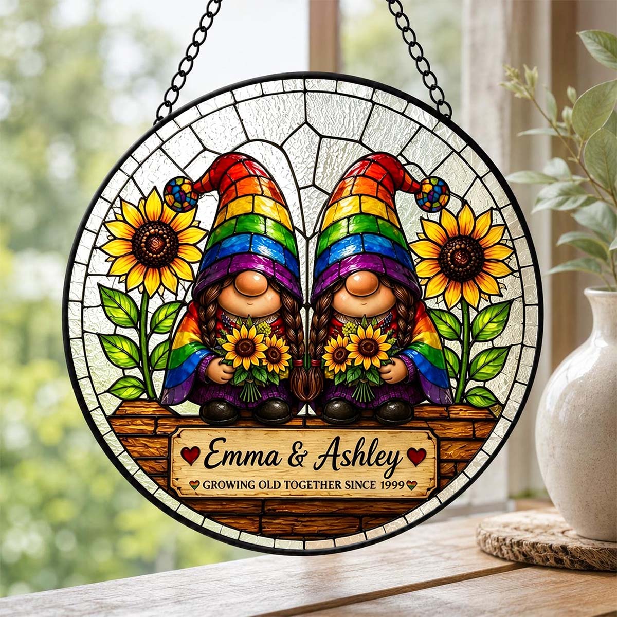 Personalized LGBTQ+ Couple Rainbow Suncatcher, Anniversary Window Hanging