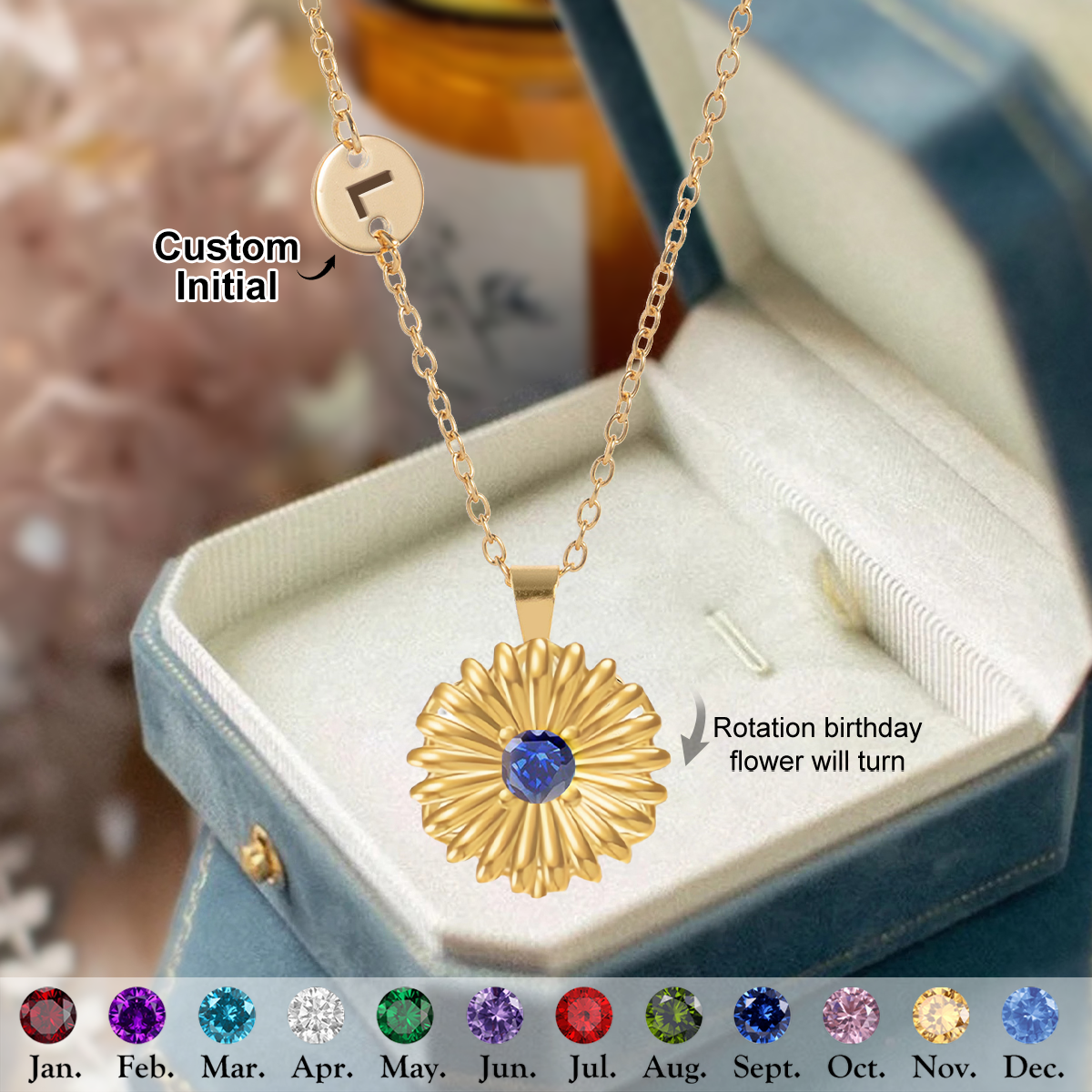 Personalized Custom Initial Fidget Spinner Birth Flower Necklace