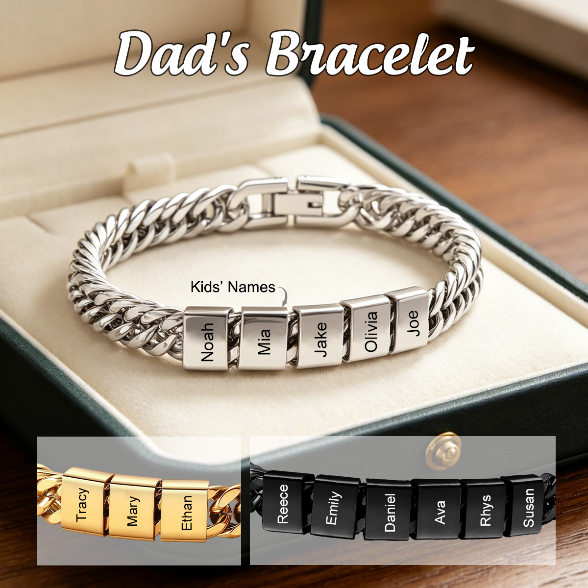 Personalized Mens Bracelet for Dad with Kids Names
