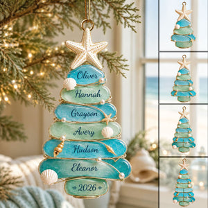 Personalized Sea Glass Tree Christmas Ornament, Custom Coastal Family Gift