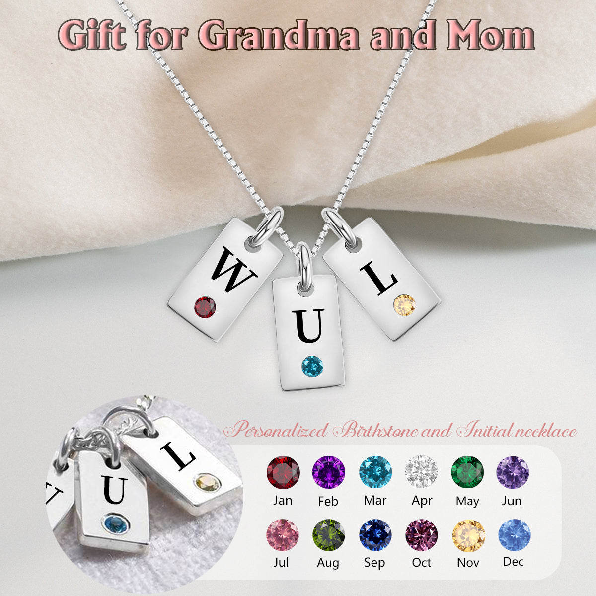 Personalized Birthstone and Initial Necklace-Gift for Grandma and Mom