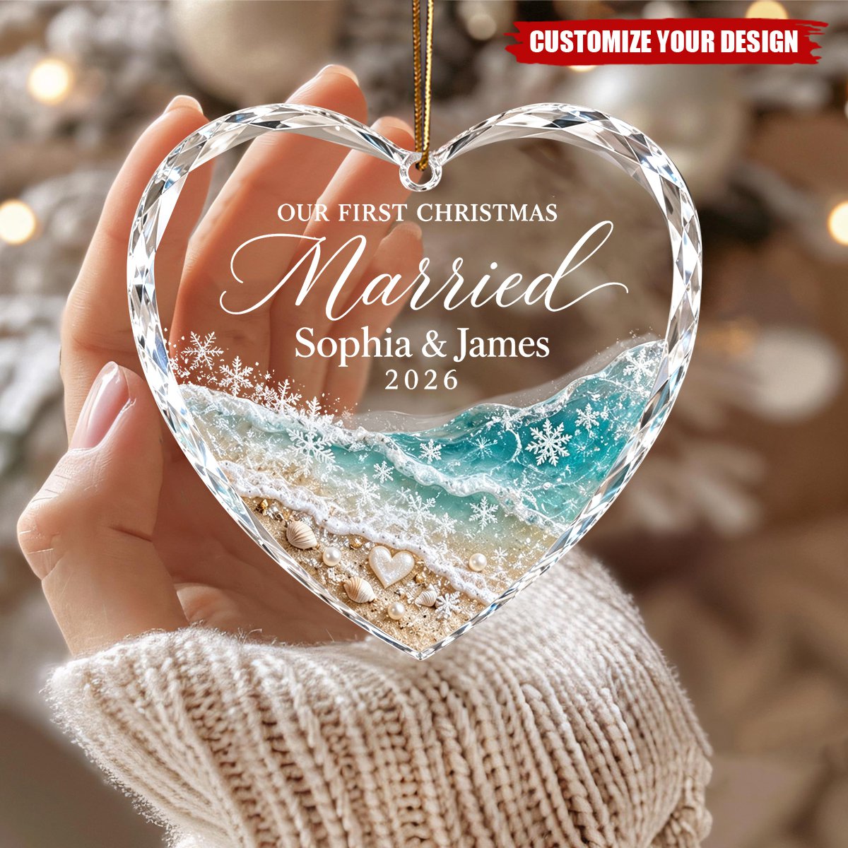 First Christmas Married Glass Heart Ornament, Personalized Beach Wedding Ornament