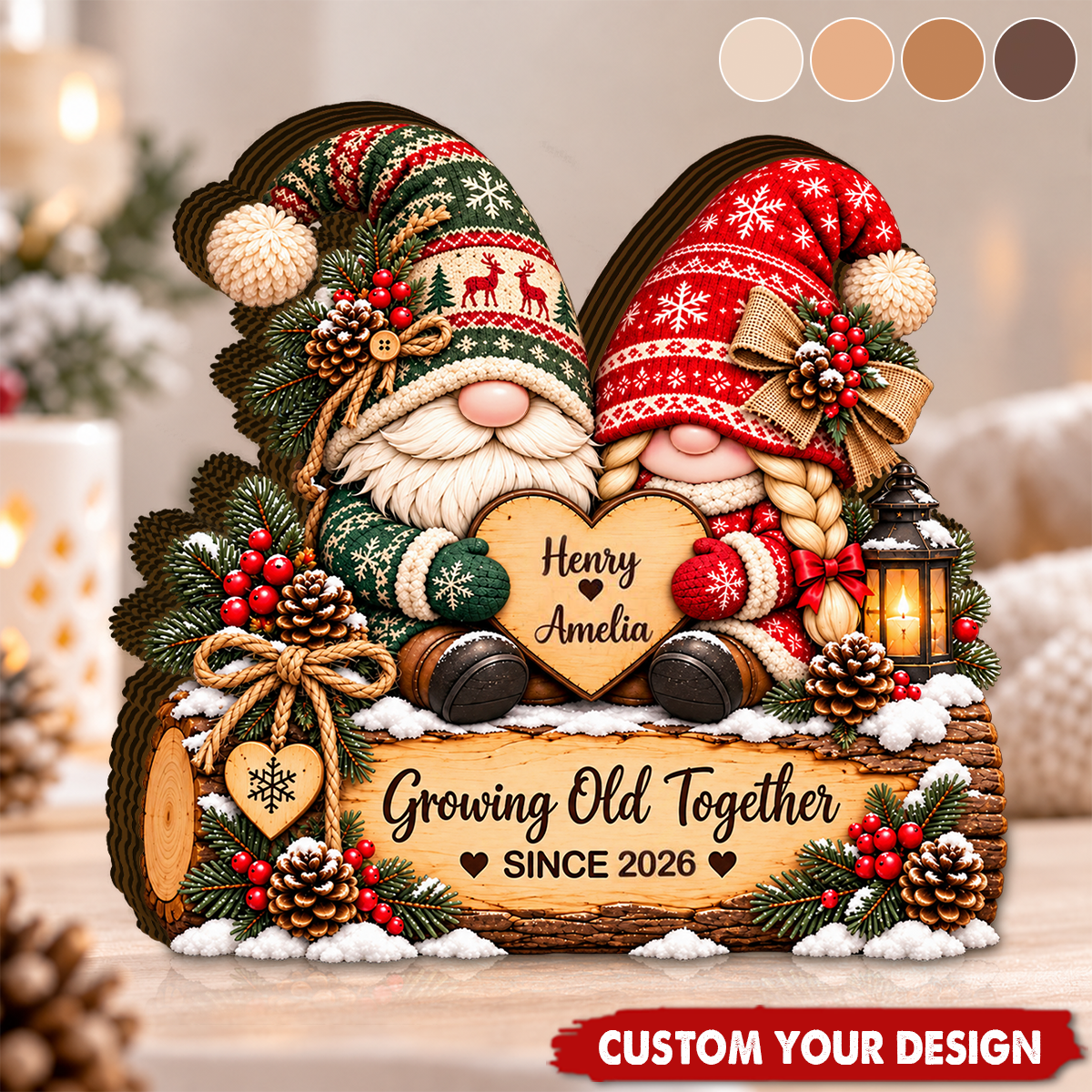 Custom Couple Christmas Wooden Plaque, Growing Old Together Decor