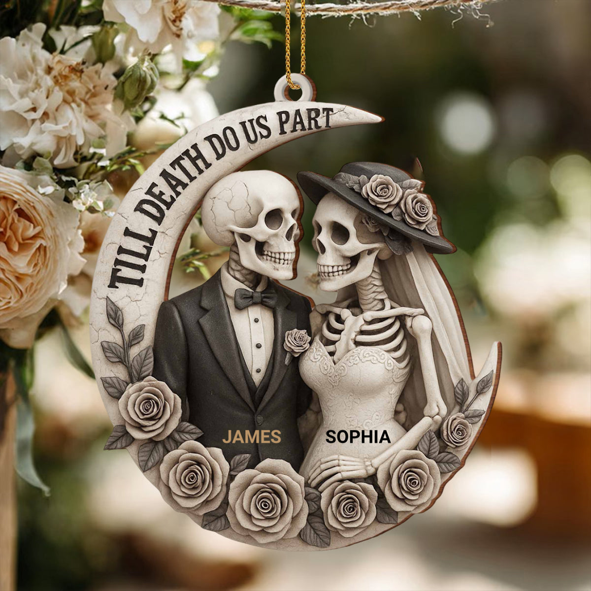 Till Death Do Us Part, Skeletons And Roses, Custom Wood Ornament