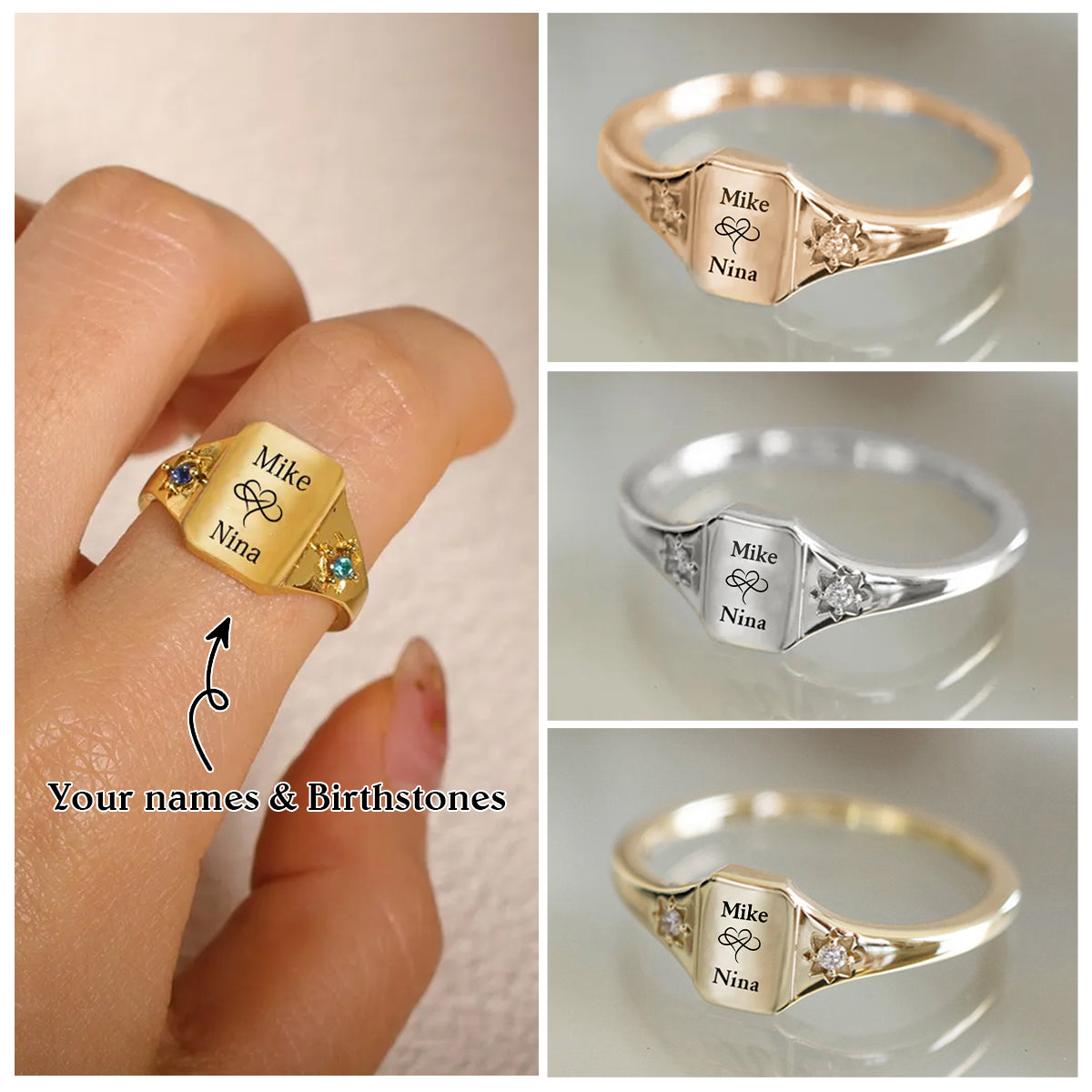 Personalized Custom Names & Birthstone Ring, Anniversary Gift for Couples