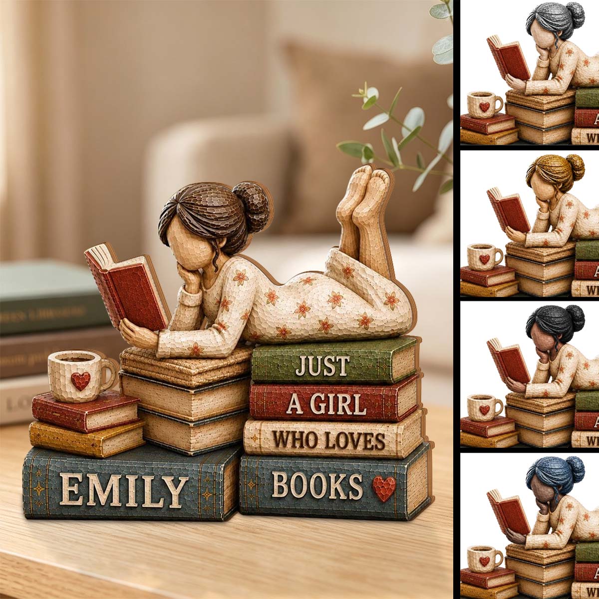 Just A Girl Who Loves Books, Personalized Girl Reading Books Wooden Block