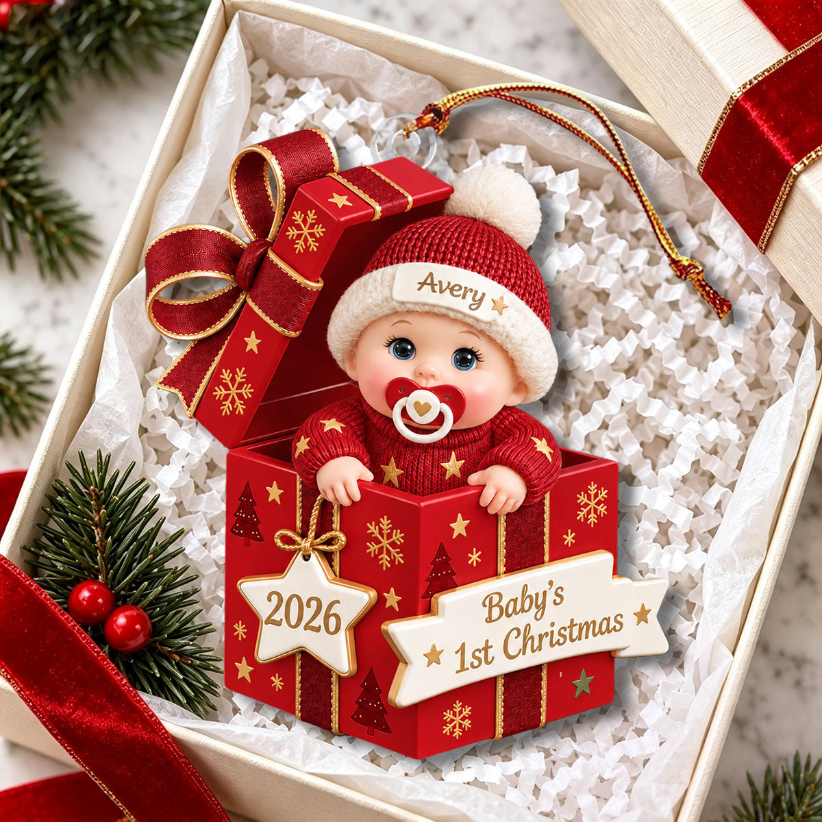 Personalized Baby First Christmas Ornament, Custom Name Baby Gift Box Keepsake