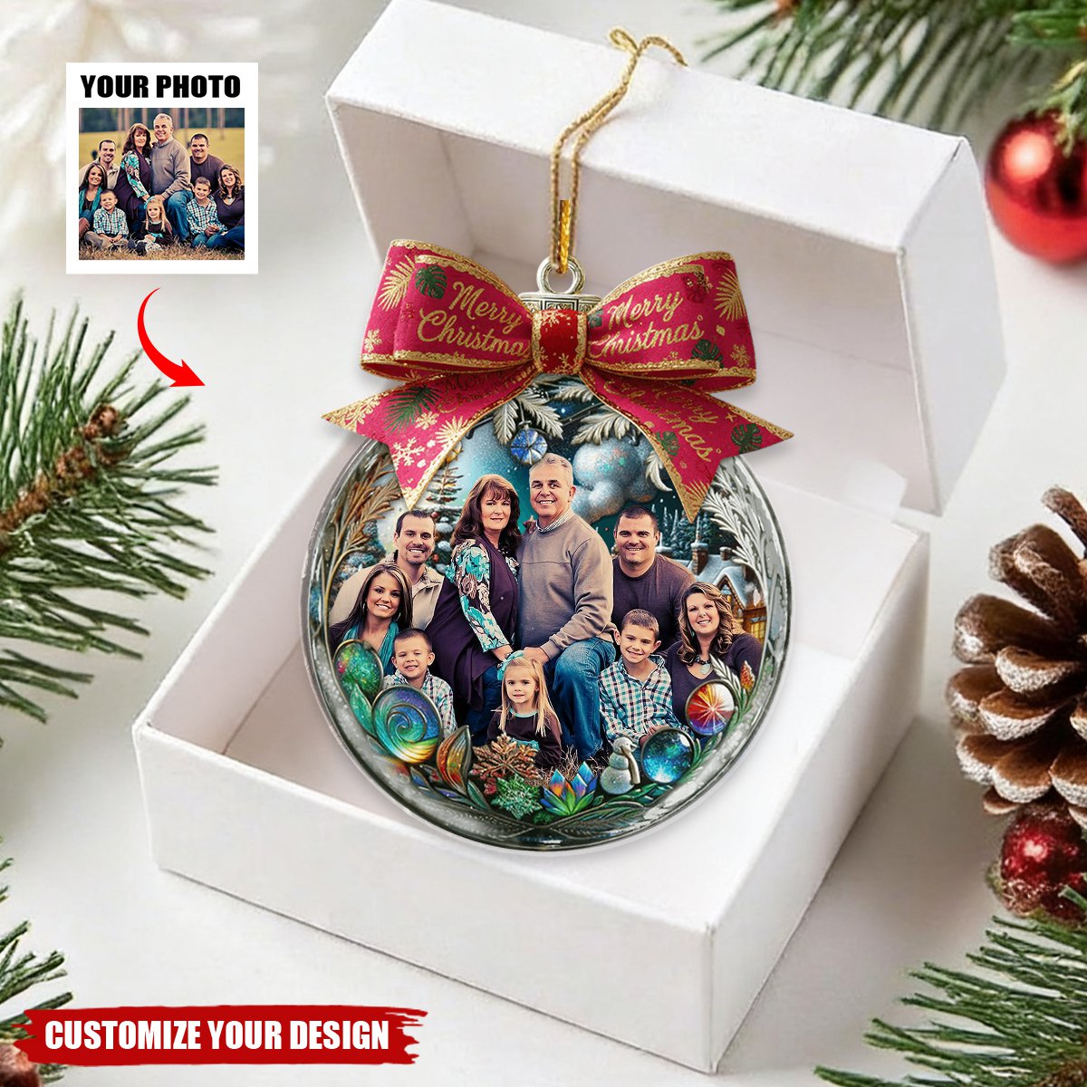 Custom Photo Family In Christmas Bow Ball - Personalized Photo Ornament