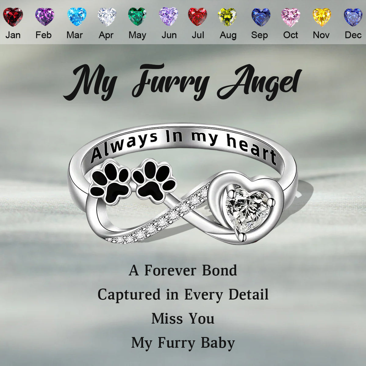 Personalized Memorial Pet Paw Birthstone Ring - Gift For Pet Lovers