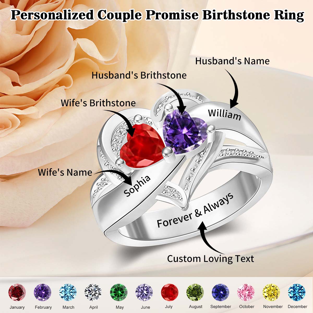 Personalized Couple Promise Heart Birthstones Ring - kissfaith