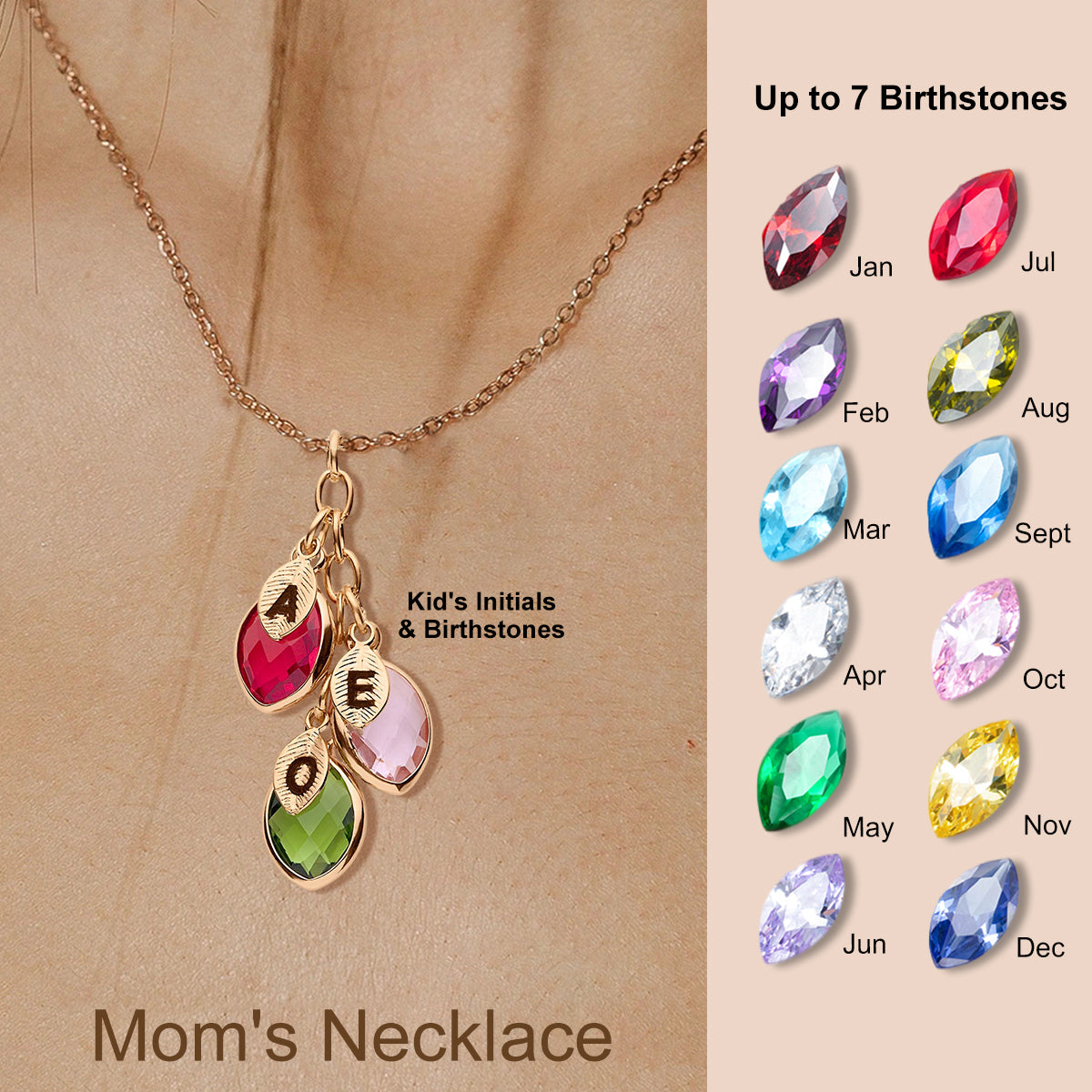 Personalized Grandma Mom 1-7 Family Birthstones Necklace Engraved letter