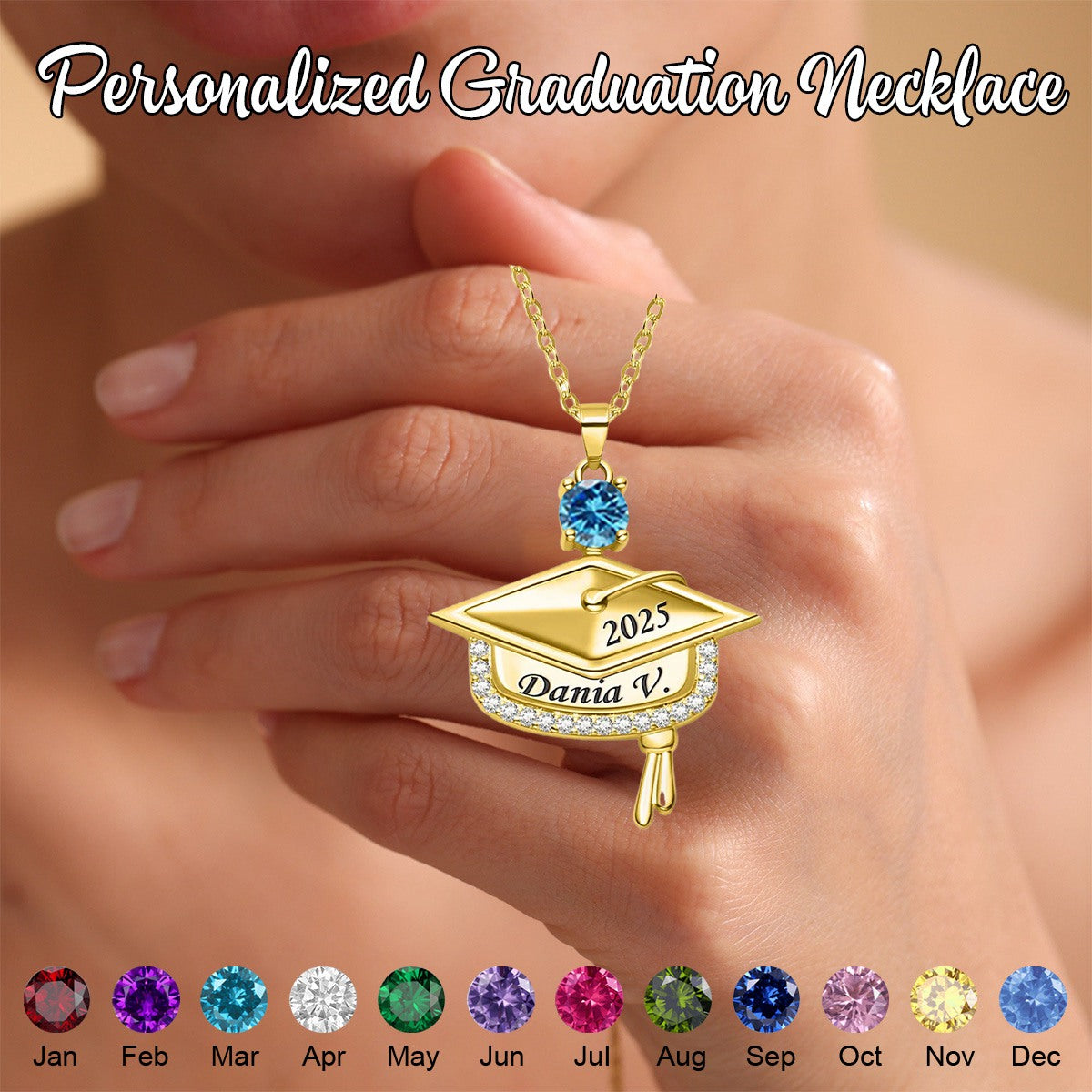 Personalized Graduation Cap Birthstone Necklace with Engraved Name and Year