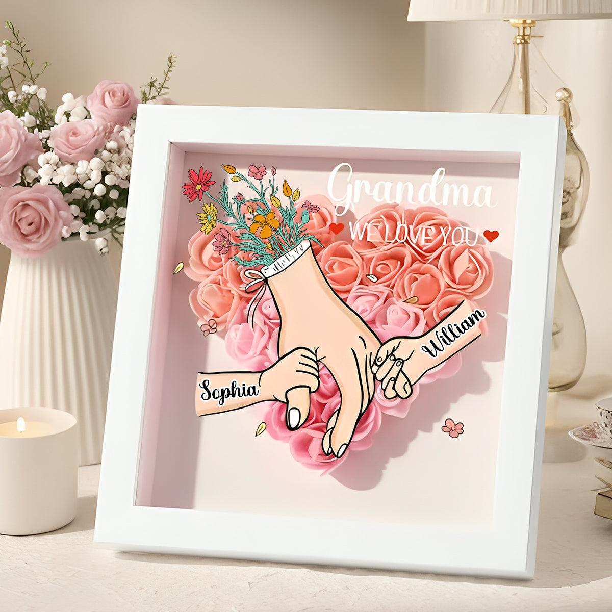 Grandma We Love You-Personalized  Flower Shadow Box-Gift For Mom, Grandma