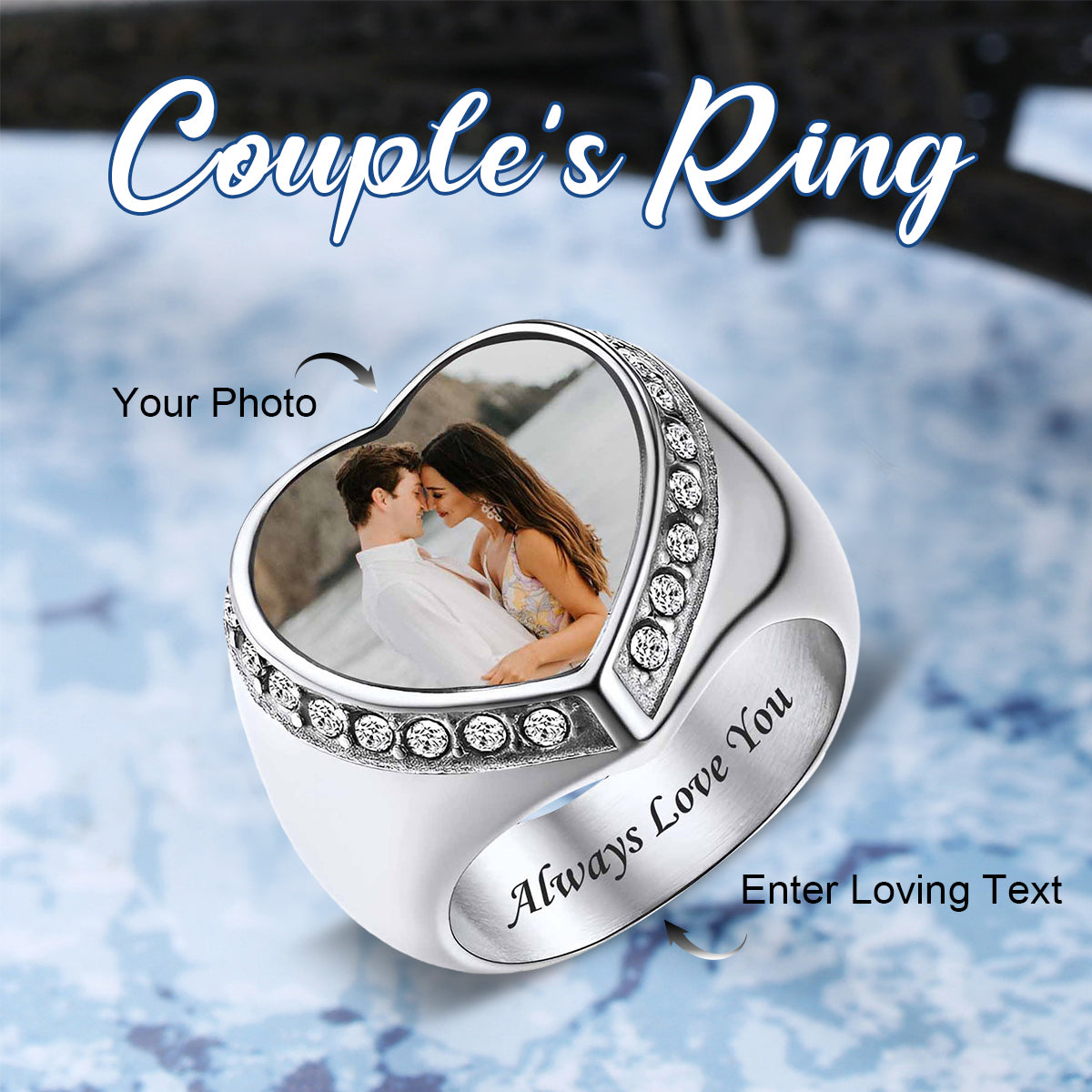 Personalized Heart Shape Signet Photo Ring for Couple