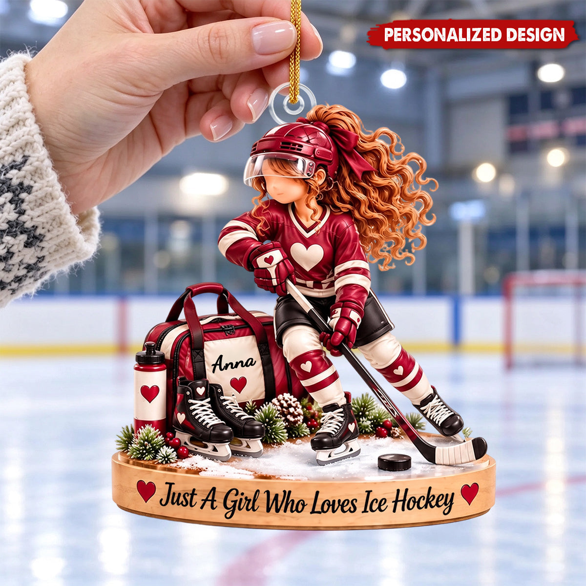 Personalized Ice Hockey Girl Ornament, Custom Name Christmas Gift
