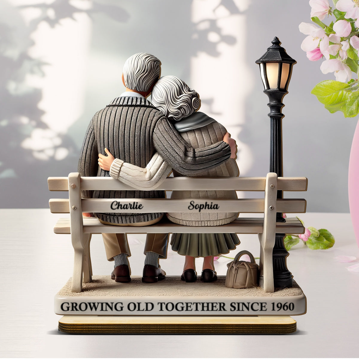 Old Couple Sitting On Bench At The Park Personalized Wooden Plaque