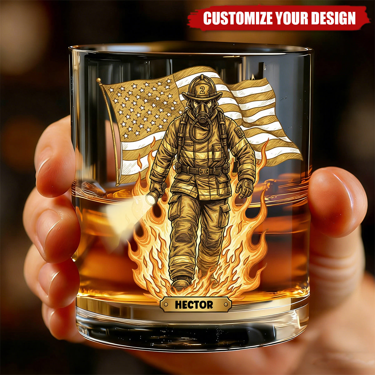 Personalized Whiskey Glass with Firefighter and Flag – Custom Gift for Firefighter