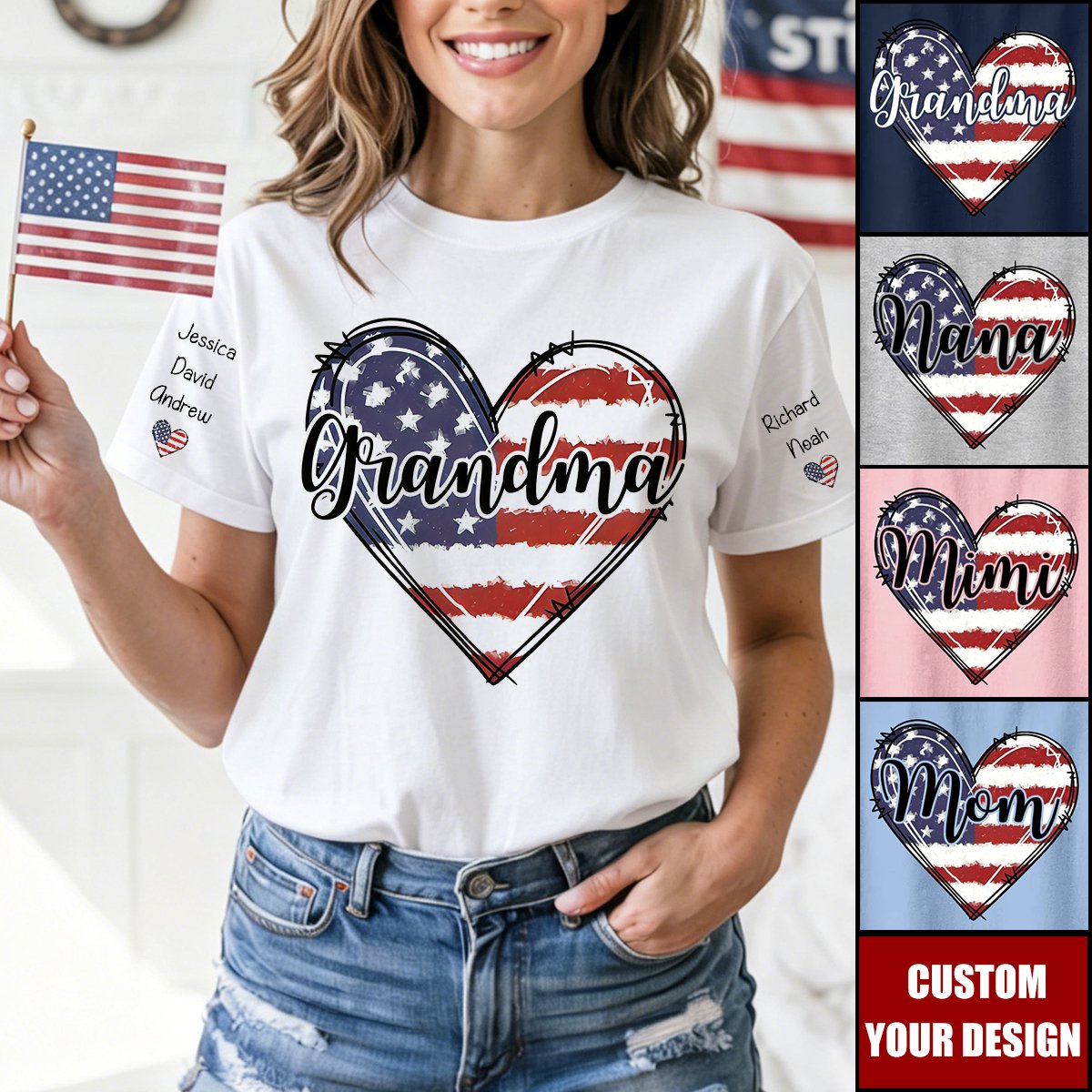 Personalized American Flag Heart Mimi T-Shirt, 4th of July Grandma Gift