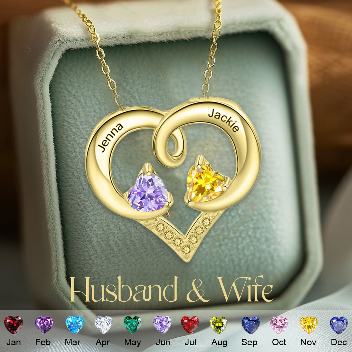 Personalized Heart-Shaped Birthstone Name Couple Necklace