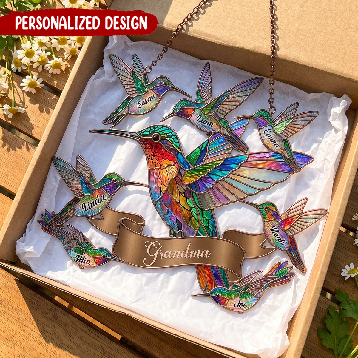 Personalized Colorful Hummingbird Family Acrylic Suncatcher