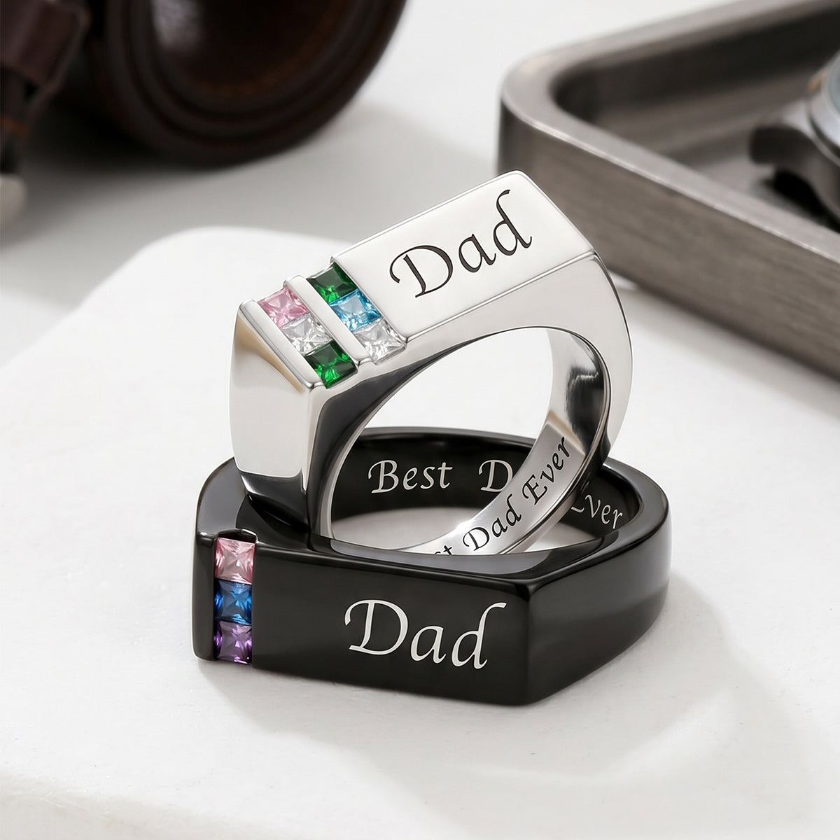 Personalized 1-6 Birthstone Men Ring With Name,  Father's Day Gift For Dad Grandpa