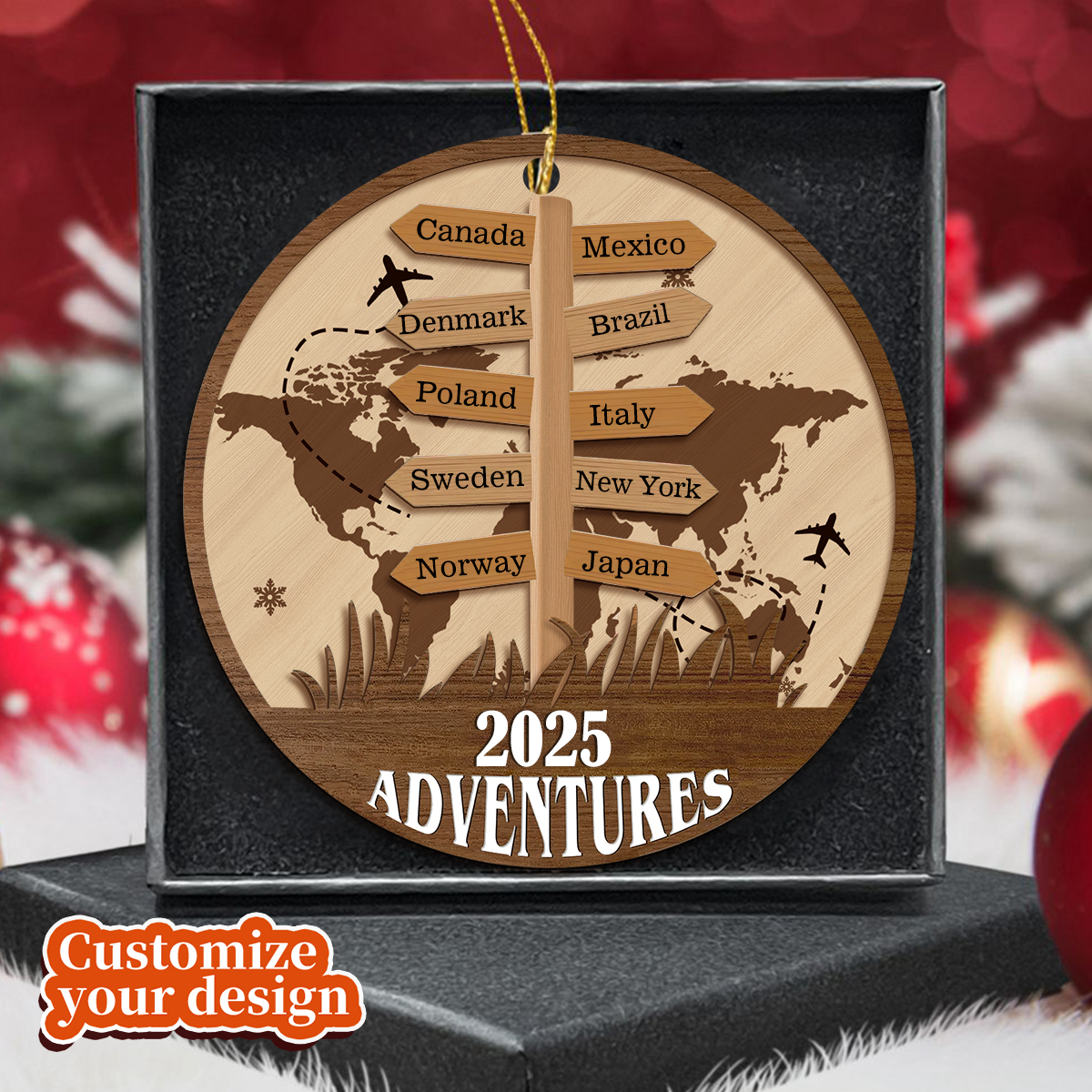 Personalized Travel Adventure 2 Layered Wooden Ornament, Traveling Destination Ornament