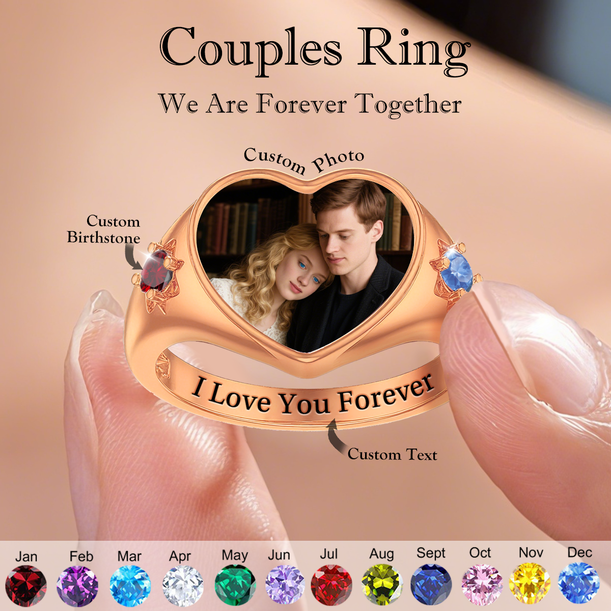 Personalized Heart Upload Photo & Birthstone Promise Ring