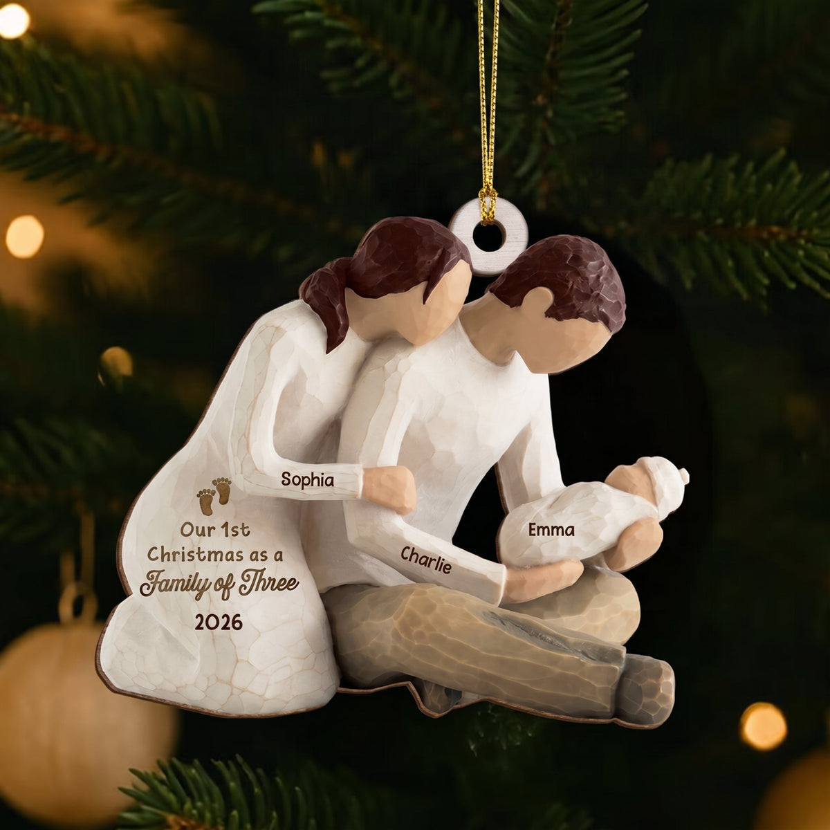 Personalized Family Of Three New Parents Wooden Ornament