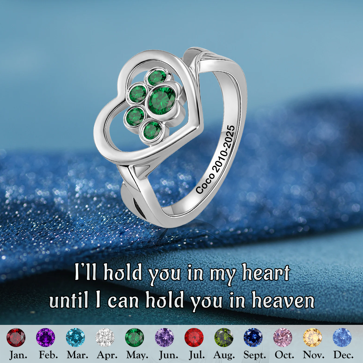 Personalized Pet Paw Birthstone Ring - Pet Memorial Ring