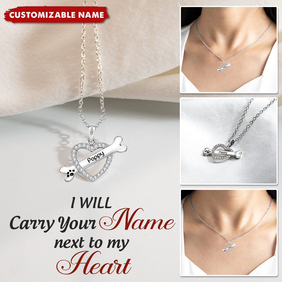 Personalized Dog Name Dog Bone Peach Heart with Diamonds Necklace