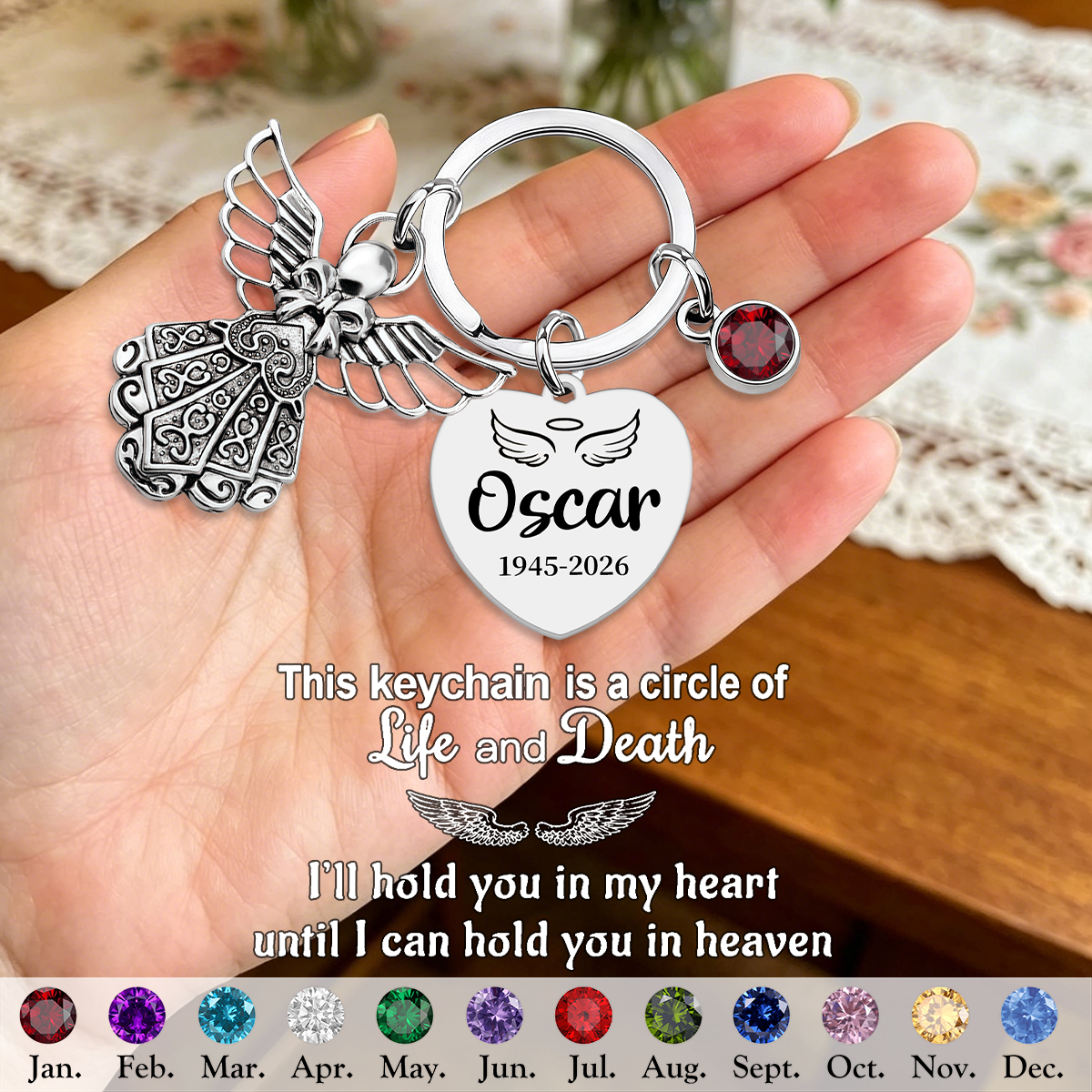Always In My Heart, Personalized Angel Birthstone Memorial Keychain