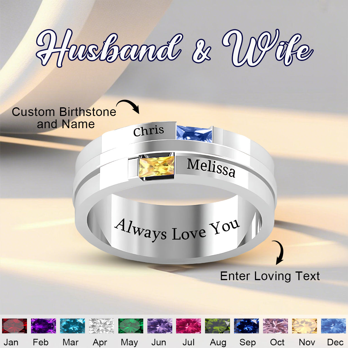Personalized Double Baguette Couple Ring With Birthstone and Name