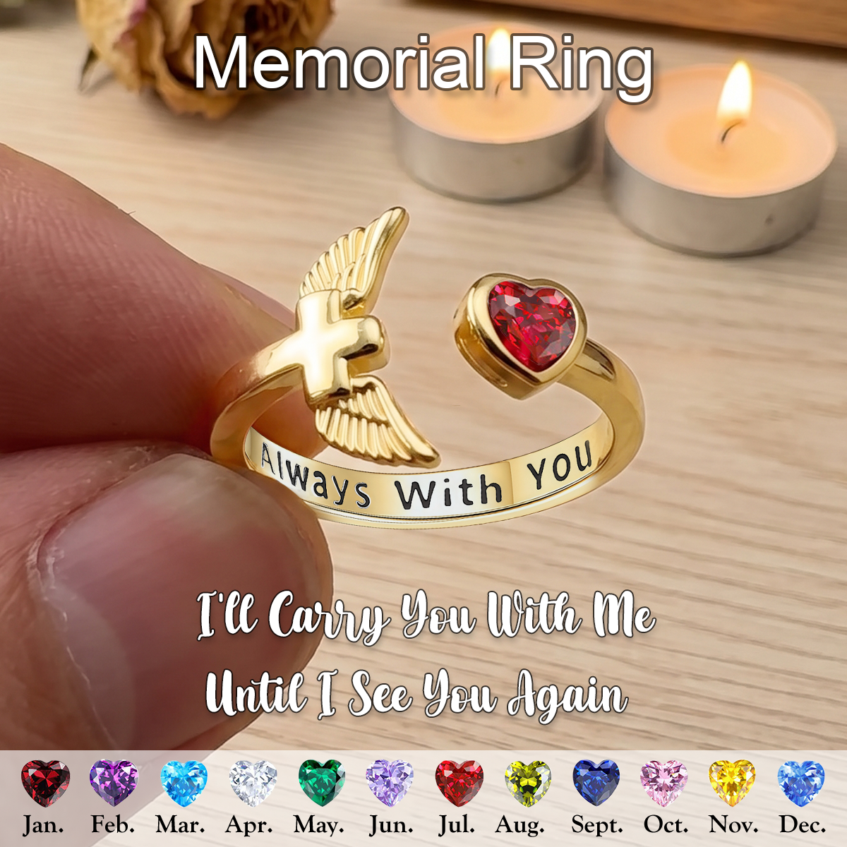 Always With You, Personalized Wings Birthstone Memorial Ring