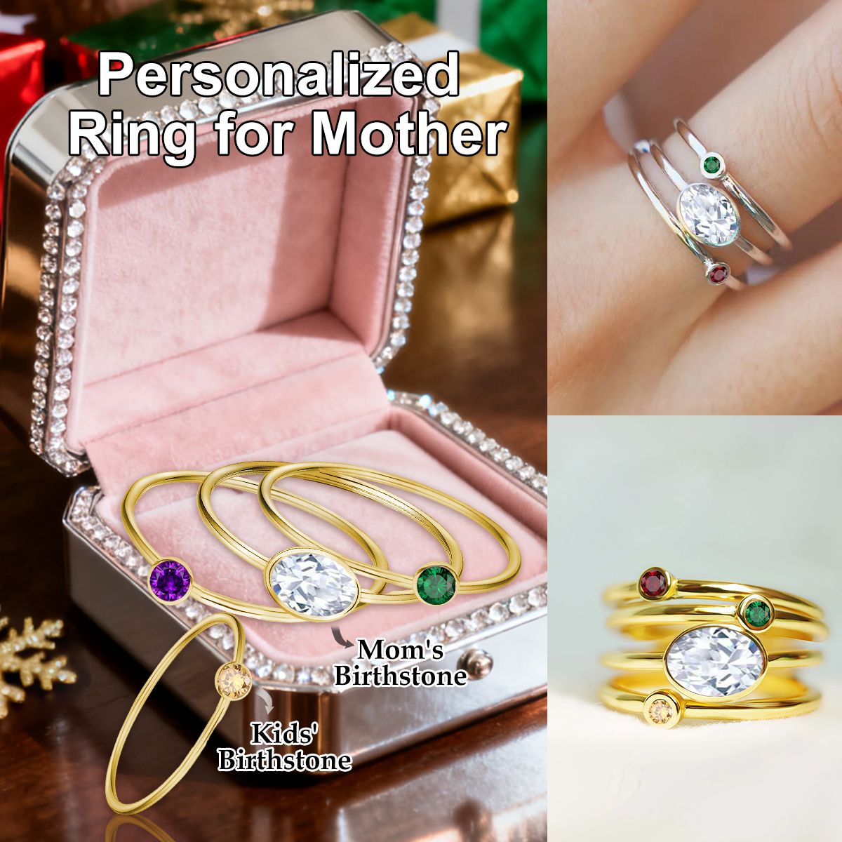 Personalized Family Birthstones Stacking Ring, Gift for Grandma Mom