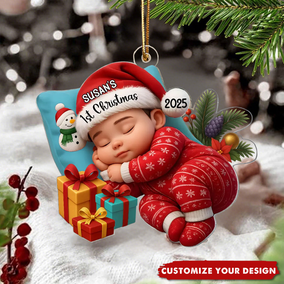 Sleeping Baby in Christmas Cheer Personalized Acrylic Ornament, Baby Gift from Grandparents