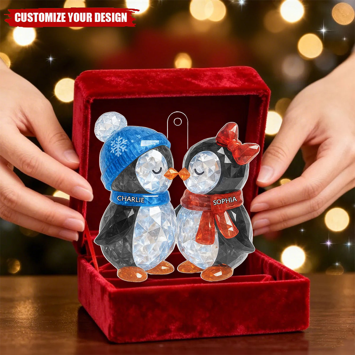 Christmas Penguins Couple Crystal Personalized Acrylic Ornament