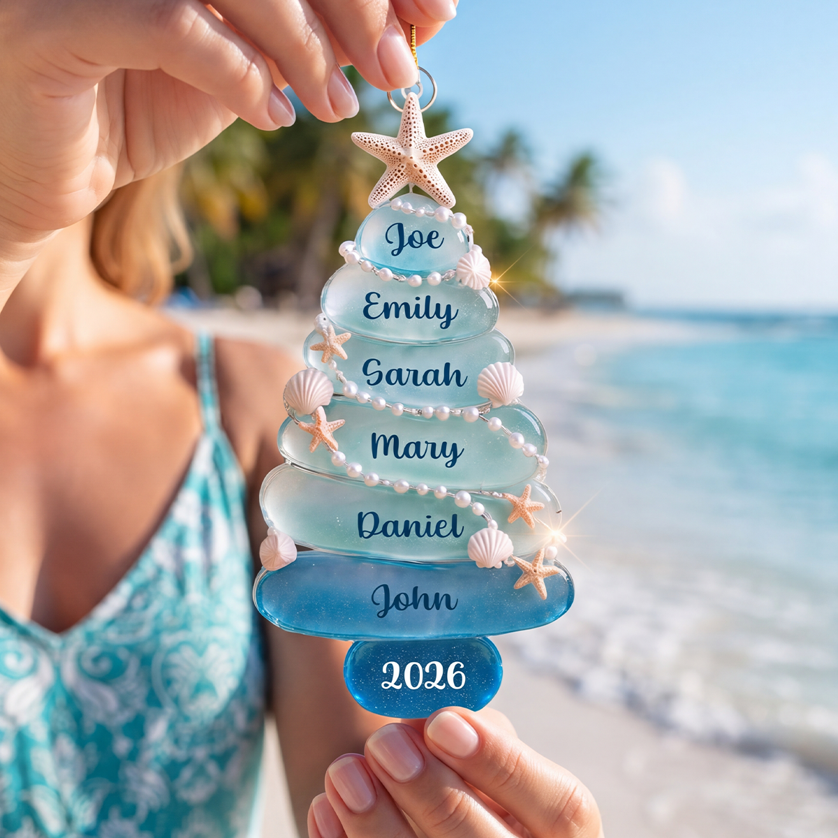 Personalized Sea Glass Tree 2026 Acrylic Ornament, Custom Beach Christmas Gift