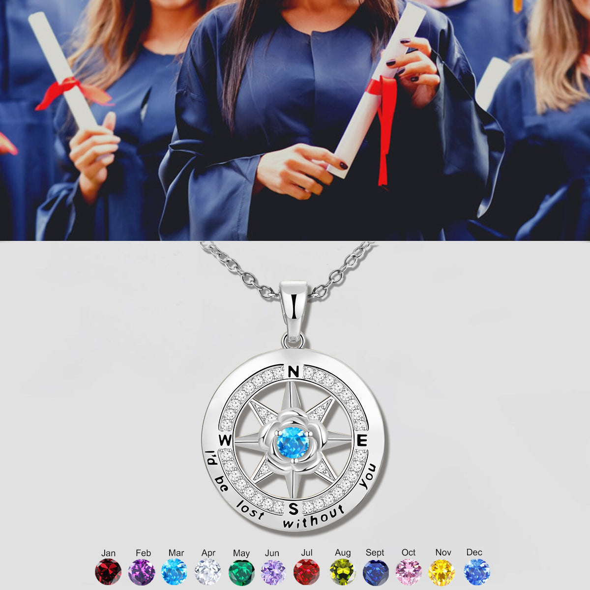 Personalized Compass Birthstone Necklace, Graduation Gift