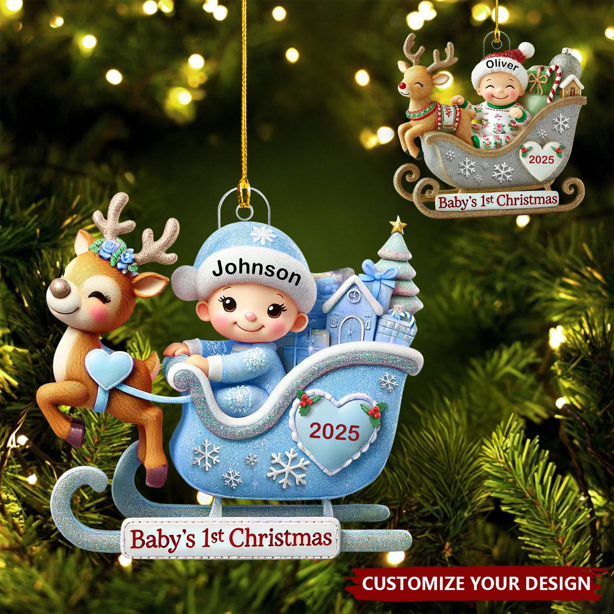 Baby First Christmas Newborn On Sleigh Keepsake Personalized Acrylic Ornament