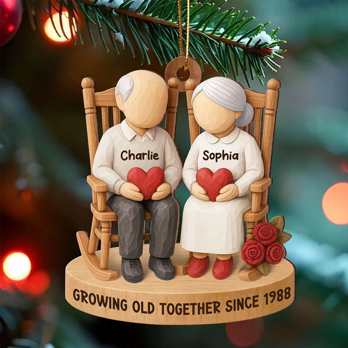 Old Couple Sitting On Chair-Personalized Wooden Ornament