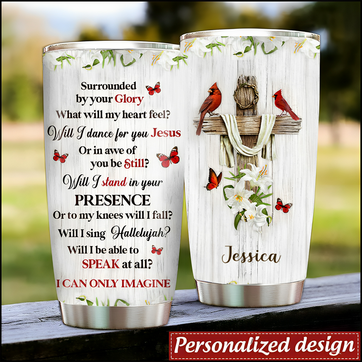 Pretty Personalized Floral Cross Stainless Steel Tumbler